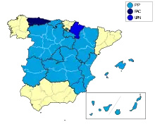 Carte de l'Espagne avec délimitations des communautés autonomes et provinces, et un code couleur pour indiquer le vainqueur de l'élection dans chaque région.