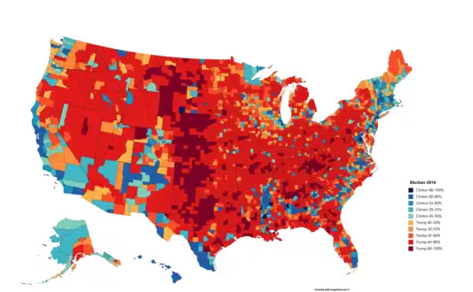 Résultats par comté (Trump en rouge et Clinton en bleu).