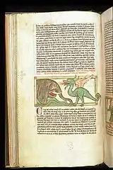 Elephant et dragon, face à face. Le dragon crache du feu. XIIIe siècle