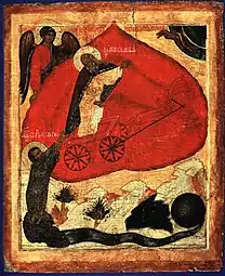 L'ascension ardente du prophète Élie vers le ciel, icône de école de Nijni Novgorod, fin XVe début XVIe siècle.