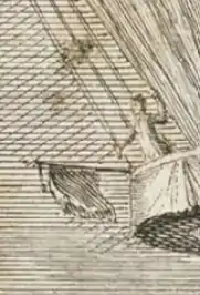 Gravure en noir et blanc. Gros plan sur une femme qui se tient debout derrière la barrière de la nacelle, sous le ballon et au-dessus d'un drapeau.