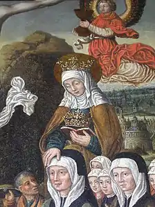 Ste Élisabeth en habit franciscain avec un groupe de béguines, détail de la peinture La Crucifixion (1528).