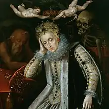 Élisabeth Ire avec une robe brodée semble pensive et accoudée sur sa droite. Un homme barbu dort à gauche et un crane regarde depuis la gauche.