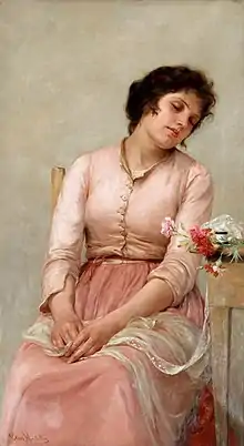 Jeune fille assise vêtue de rose, yeux clos, à côté d'œillets rouges et d'un voile.