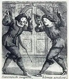 Scaramouche et Élomire, représentés tous deux sur une scène, bras levés.