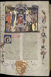 Illustration en couleurs d'un manuscrit ancien avec une illustration.