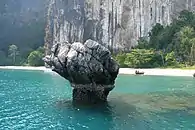 Rocher dans une eau turquoise, près des côtes. Une forêt dense et une falaise sont visibles en arrière-plan.