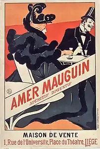 Affiche couleur montrant un homme et une femme, habillés en noir, à une table, buvant un verre.