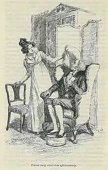 Gravure. Une jeune femme se penche vers un vieil homme tassé dans son fauteuil