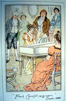 Illustration. Jeune fille au piano et jeune homme debout chantant, face au public