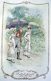 Illustration. Deux jeunes filles et un monsieur avec un grand parapluie marchent sous la pluie