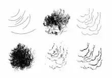 Six motifs de lignes noires ondulées de différentes densités, tracées selon des contours généraux identiques