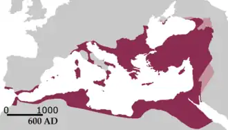 Carte de la région méditerranéenne avec les frontières de l'Empire byzantin en 600