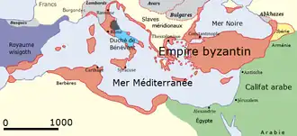 Carte de l'Empire byzantin au milieu du VIIe siècle.