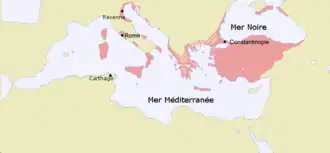 Carte montrant l'extension territoriale de l'Empire byzantin au début du VIIIe siècle.