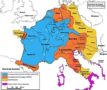 Extension de l'Empire carolingien sous Charlemagne (768-814).