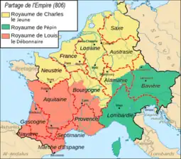 Autre représentation du projet de partage de l'Empire carolingien en 806 (les découpages régionaux sont anachroniques).