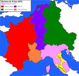 Second partage par le traité de Prüm (855) : la Francie médiane de Lothaire Ier est divisée entre ses trois fils  : Lothaire II de Lotharingie, Charles de Provence et Louis II d'Italie.