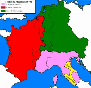 Traité de Meerssen (870) : à la mort de leur neveu Lothaire II, Charles II le Chauve (Francie occidentale) et Louis II le Germanique (Francie orientale) se partagent son royaume, la Lotharingie (Nord de la Francie médiane).