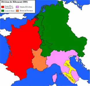 Traité de Ribemont (880) : pour lutter plus efficacement contre Boson de Provence, Louis III de France et Carloman II accordent la totalité de la Lotharingie à Louis III le Jeune contre sa neutralité dans le conflit.