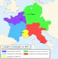 Fragmentation de l'empire carolingien vers 880.