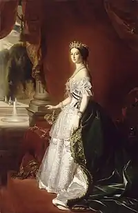 L'impératrice Eugénie (1826-1920) d'après Franz Xaver Winterhalter (1856-1857, huile sur toile, 242 × 158 cm, musée d'Orsay, Paris).