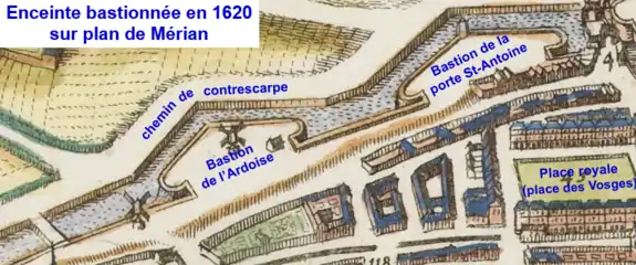 Enceinte bastionnée près de la porte Saint-Antoine en 1620 sur le plan Mérian.