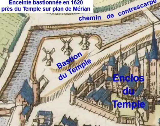 Enceinte de Charles V en 1620 près du bastion du Temple en 1620 (probablement non maçonné contrairement à ce que représente le plan).