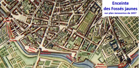 Marché aux chevaux du bastion de Gramont de l'enceinte de Louis XIII (ou des Fossés jaunes) sur le plan Jannsonius (1657).