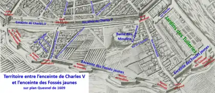 Enceintes de Charles V et des Fossés jaunes en 1609 (plan Quesnel)