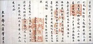 Texte en caractères chinois sur du papier ligné avec des marques rouges de timbre