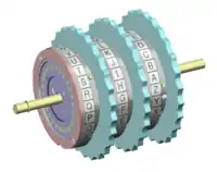 Assemblage de trois rotors tels qu'ils sont placés dans la machine Enigma.