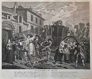 Enlèvement de police. Gravure de Claude Augustin Duflos d'après une peinture d'Étienne Jeaurat, vers 1756-1757.