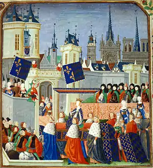 Enluminure de l'entrée de la reine Isabeau de Bavière à Paris.