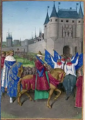 Entrée de Charles V dans Paris le 2 août 1358, Grandes Chroniques de France, miniature de Jean Fouquet, 1455-1460.