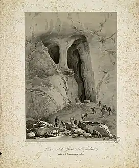 Entrée de la Grotte de Troubat, vallée de la Barousse près Luchon, lithographie.