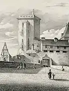 Dessin en noir et blanc d'un château avec deux personnages.