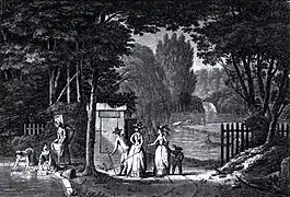 L'ancienne entrée du Grand Parc vers 1782, avec la borne de l'entrée.