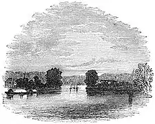 Une gravure de 1855 avec un casco (à gauche) à l'entrée de la rivière Pasig depuis la baie de Manille.