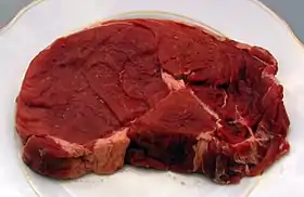 Photo d'un morceau de viande (entrecôte de bœuf) cru dans une assiette.