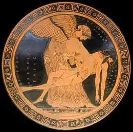 Éos soulevant le corps de son fils Memnon, tondo d'une coupe attique à figures rouges ; Calliadès (potier) et Douris, v. 490-480 av. J.-C.