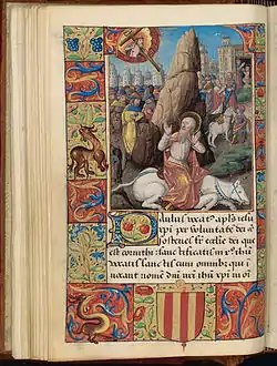Saint Paul foudroyé sur son cheval au centre, entouré de soldats puis scène de baptême en haut à droite.