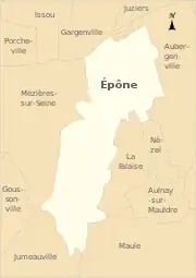 carte montrant les contours de la commune d'Épône (en beige clair) et des communes environnantes (en ocre clair).