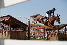 photo couleur d'un cavalier sur un cheval franchissant un obstacle à barres orange. En arrière-plan figurent des tribunes surmontées de drapeaux.