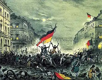 3 révolutionnaires au centre du tableau se dressent sur les barricades et exultent, 4 Drapeaux allemands sont présents.