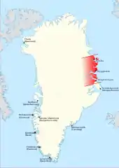 Carte du Groenland mettant en évidence une partie importante du littoral oriental de l'île, sans limites définies vers l'intérieur