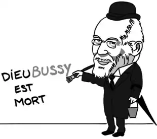 Caricature. Erik Satie ajoute Bussy après Dieu sur un graffiti déclarant « Dieu est mort ».