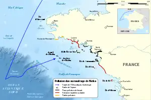 Carte représentant l'impact de la marée noire de l'Erika sur les côtes atlantiques françaises.