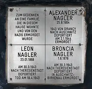 Stolpersteine en mémoire d'Alexander, Leon et Broncia Nagler.