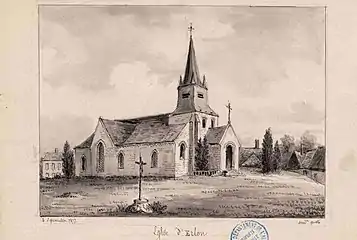 Dessin de l'église d'Erlon en 1877 par Amédée Piette.